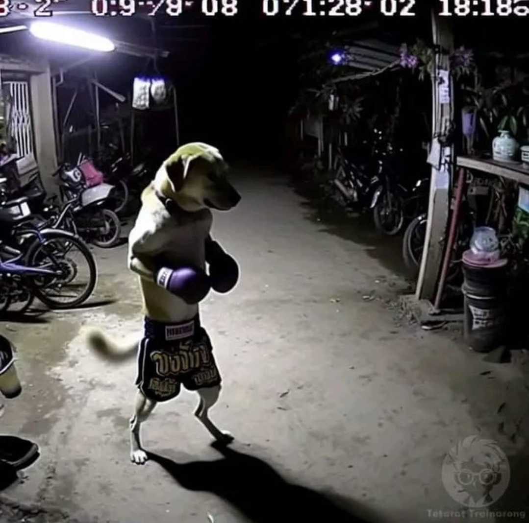 Fake CCTV image of a Labrador on its hind legs wearing boxing gloves and shorts